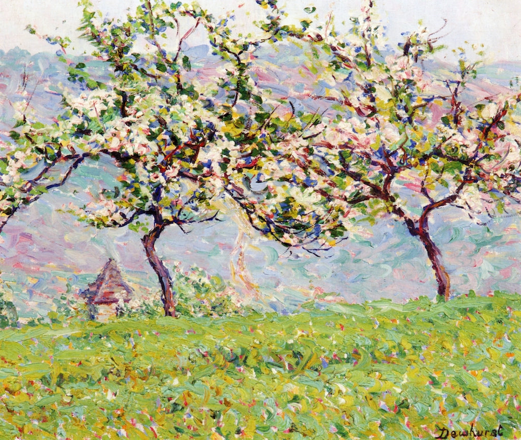 Blossoms with Church in Valley, vintage artwork by Wynford Dewhurst, 12x8" (A4) Poster