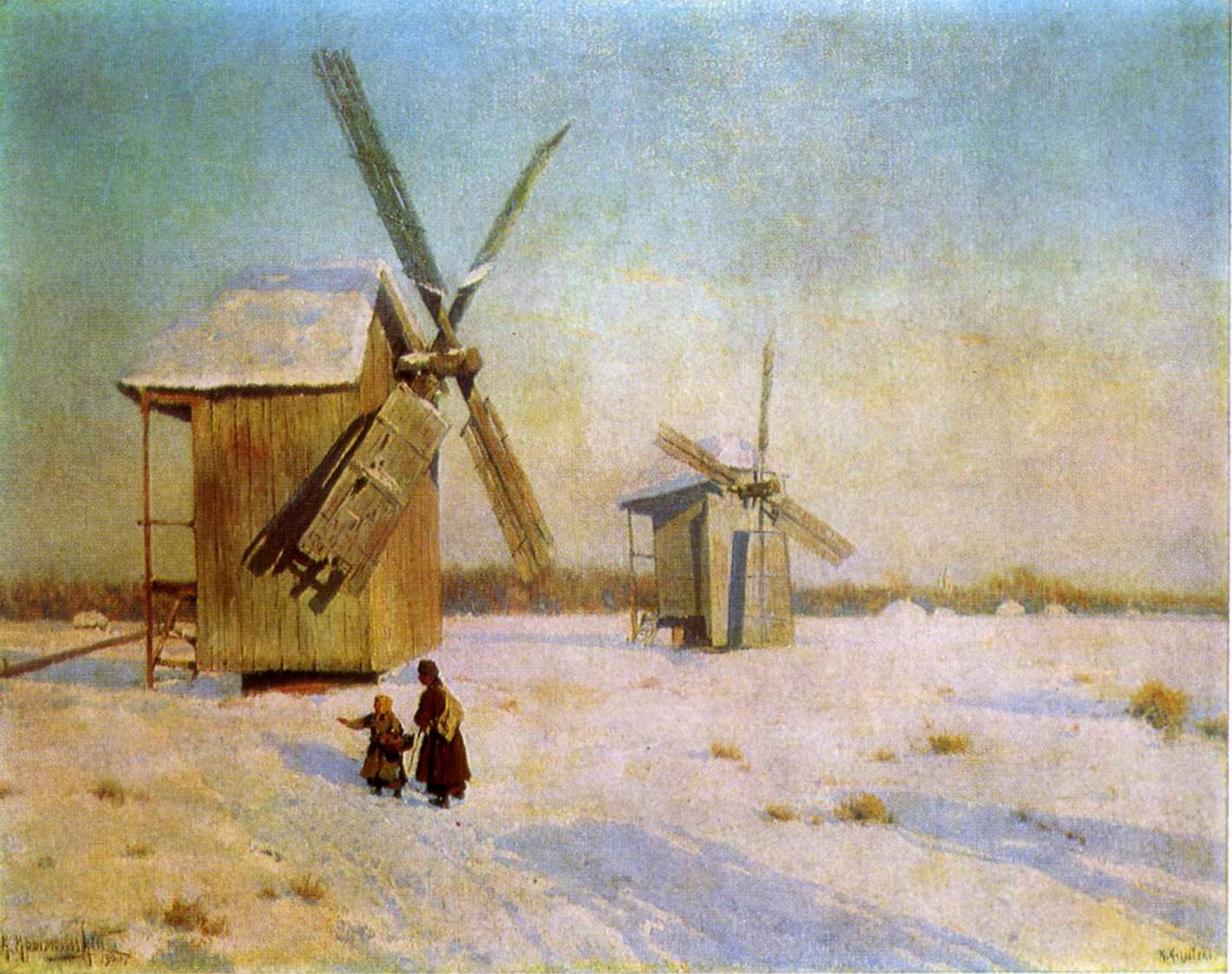 Winter Landscape with Windmills by Konstantin Kryzhitsky,A3(16x12")Poster