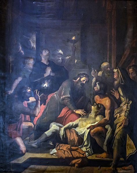 Saint Paul resurrecting Eutychus, vintage artwork by Jacques Courtin, 12x8" (A4) Poster