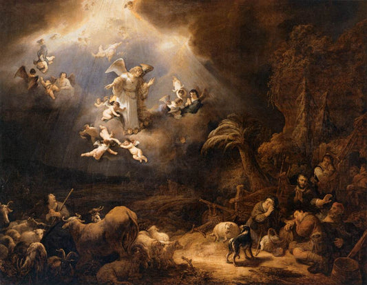 Angels Announcing the Birth of Christ to the Shepherds, vintage artwork by Govaert Flinck, 12x8" (A4) Poster