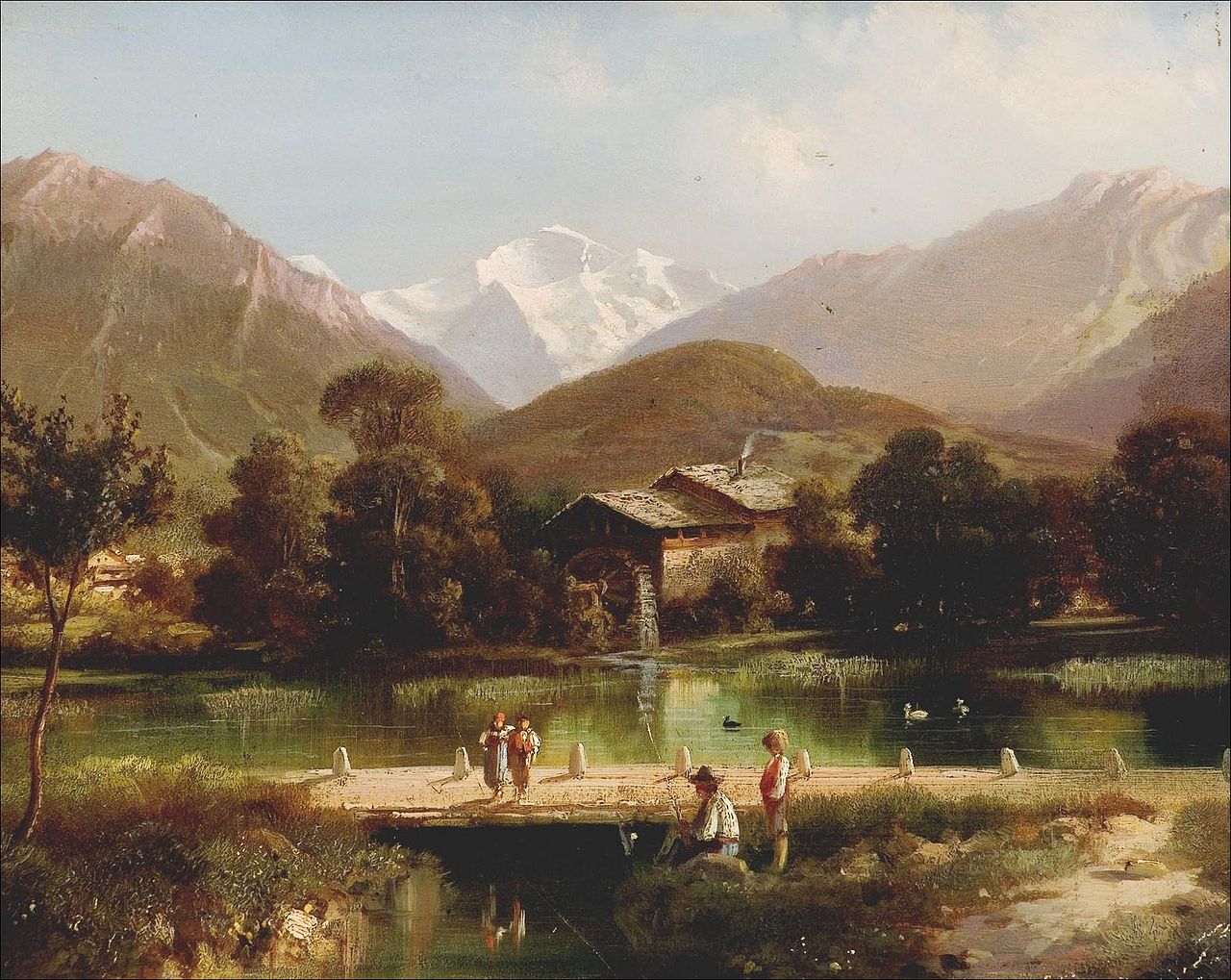 Watermill with Mountain View, vintage artwork by Hubert Sattler, A3 (16x12") Poster Print
