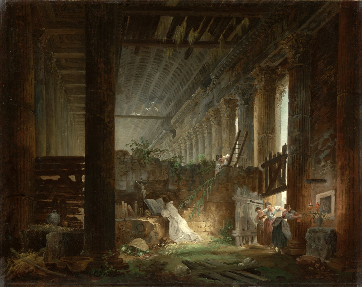 A Hermit Praying in the Ruins of a Roman Temple, vintage artwork by Hubert Robert, 12x8" (A4) Poster