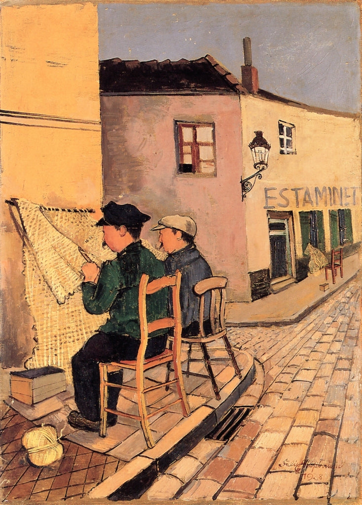 Men Mending Nets in a Street in Ostend, vintage artwork by Felix Nussbaum, 12x8" (A4) Poster