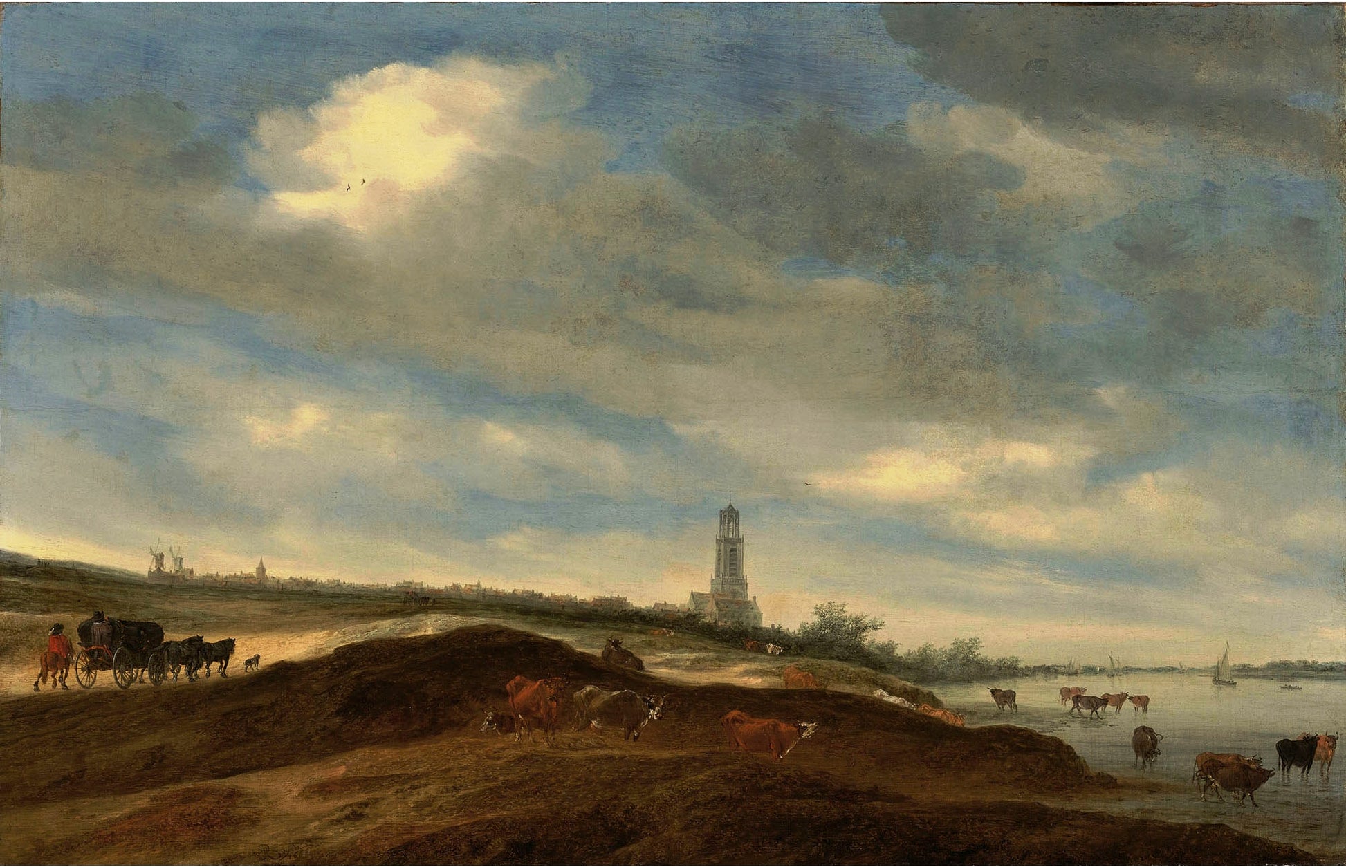 A panoramic view of Rhenen from the banks of the Rhine to the west of the city, vintage artwork by Salomon van Ruysdael, 12x8" (A4) Poster