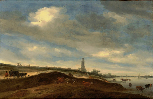 A panoramic view of Rhenen from the banks of the Rhine to the west of the city, vintage artwork by Salomon van Ruysdael, 12x8" (A4) Poster