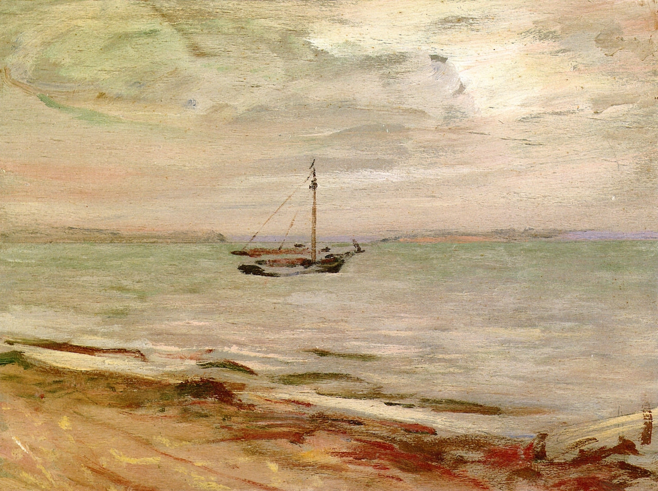 Sailboat off Shore, vintage artwork by Henry Prellwitz, 12x8" (A4) Poster