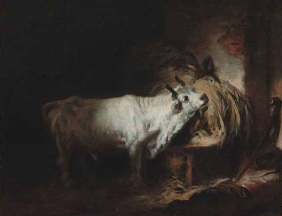 Le taureau blanc à l'etable (The White Bull in the Barn), vintage artwork by Jean-Honore Fragonard, 12x8" (A4) Poster