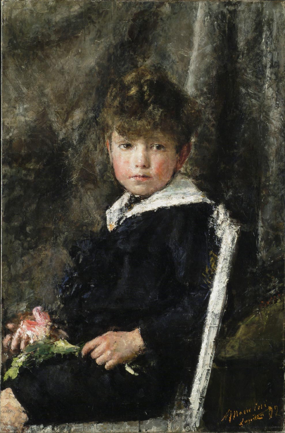 Seated Boy, vintage artwork by Antonio Mancini, 12x8" (A4) Poster