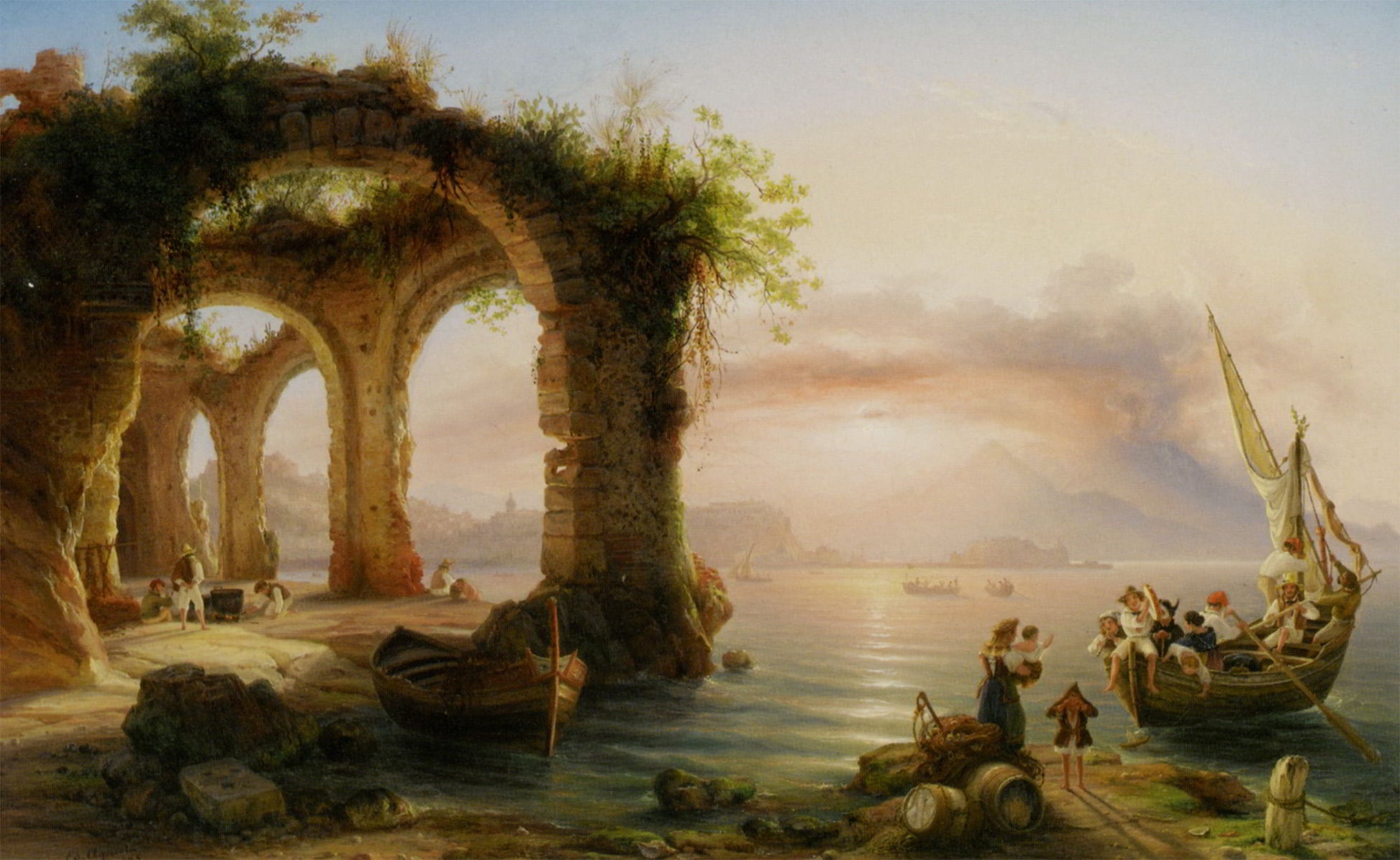 Sunset in the Bay of Naples from Posillipo, vintage artwork by Fritz Rudolf Eduard Agricola, A3 (16x12") Poster Print