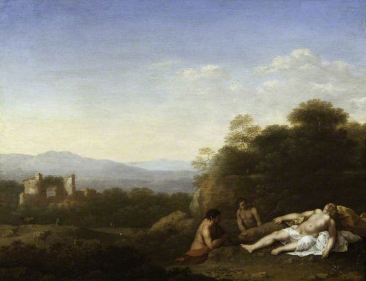 Landscape with a Satyr and Antiope, vintage artwork by Cornelis van Poelenburgh, 12x8" (A4) Poster