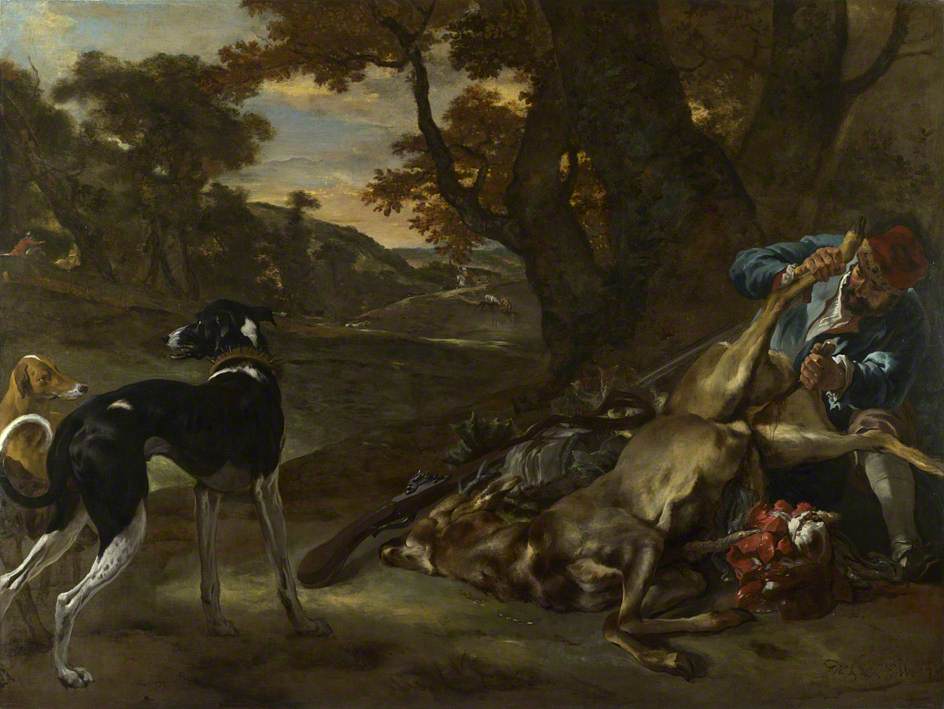 A Huntsman Cutting up a Dead Deer, with Two Deerhounds, vintage artwork by Jan Weenix, 12x8" (A4) Poster