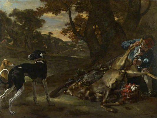A Huntsman Cutting up a Dead Deer, with Two Deerhounds, vintage artwork by Jan Weenix, 12x8" (A4) Poster