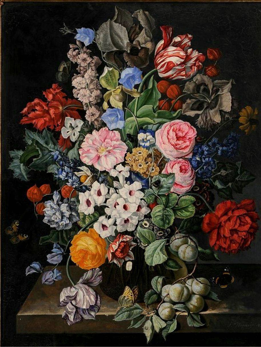 Still Life With Flowers and Fruit in a Glass Vase, vintage artwork by Sebastian Wegmayr, 12x8" (A4) Poster