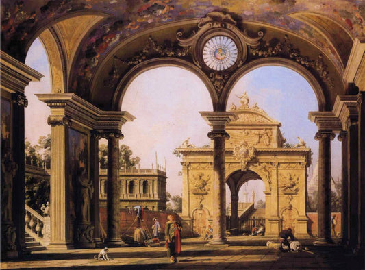 Capriccio of a Renaissance Triumphal Arch seen from the Portico of a Palace, vintage artwork by Canaletto, 12x8" (A4) Poster