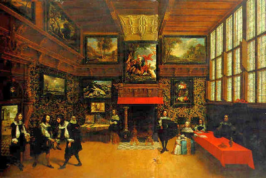 The neercamer of a town house near the wharf at Antwerp with a young gentleman receiving an elegant, vintage artwork by Gonzales Coques, 12x8" (A4) Poster