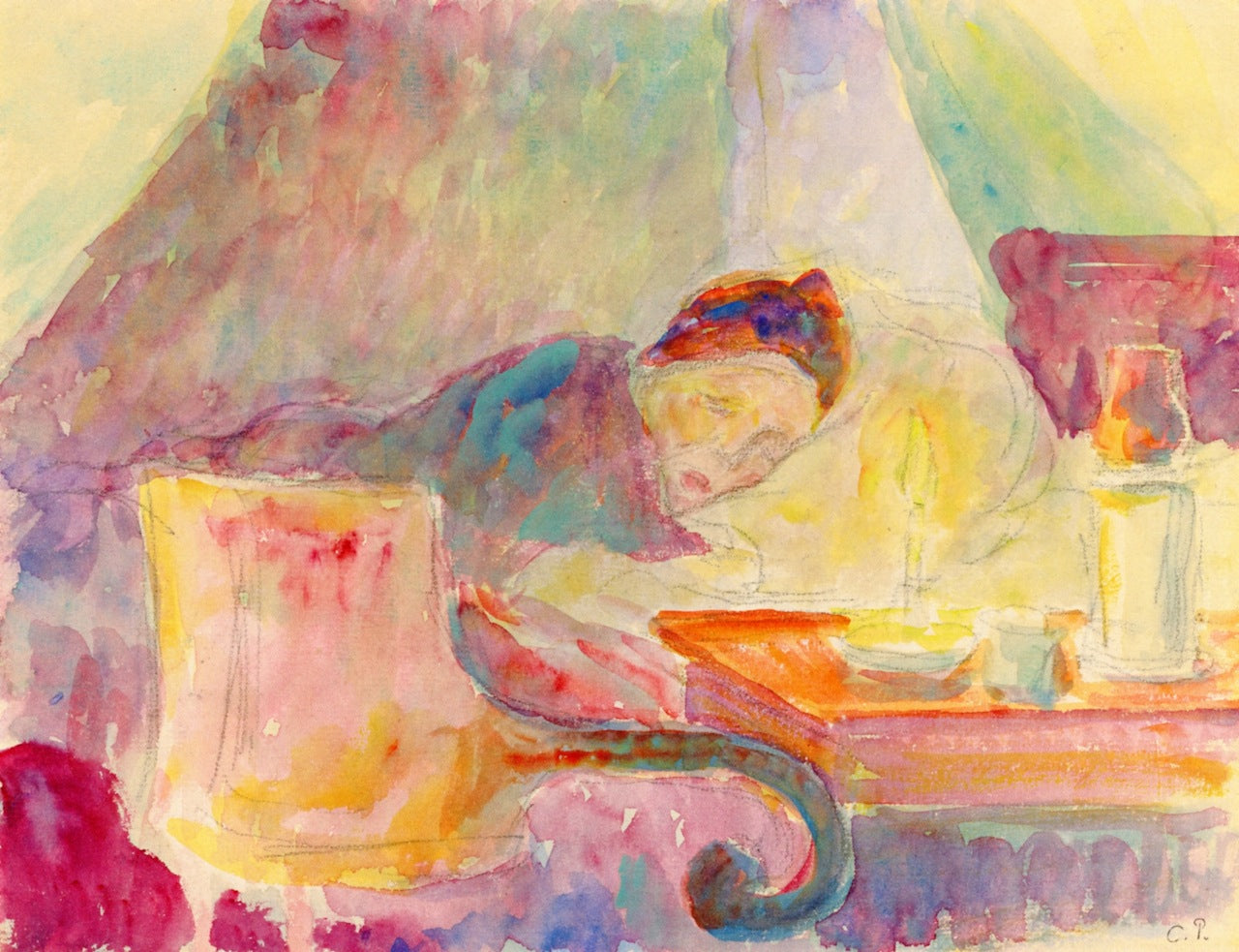 The Artist's Mother in Bed, vintage artwork by Camille Pissarro, 12x8" (A4) Poster