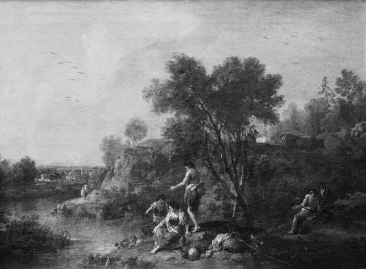 River Landscape with Peasants Fishing, vintage artwork by Francesco Zuccarelli, 12x8" (A4) Poster
