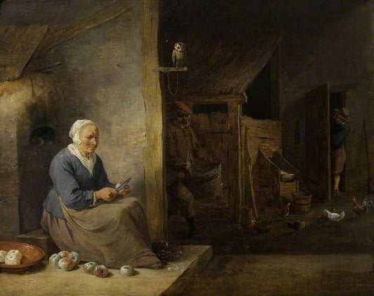 Interior with an Old Woman Peeling Apples, vintage artwork by David Teniers (II), 12x8" (A4) Poster