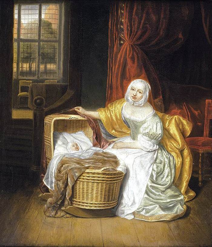 Mother with a Child in a Wicker Cradle, vintage artwork by Samuel van Hoogstraeten, 12x8" (A4) Poster
