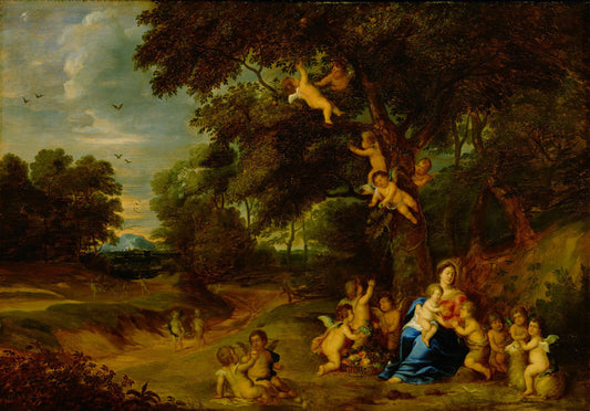Mary with child and Angels in a Forest Landscape, vintage artwork by Peeter van Avont, 12x8" (A4) Poster