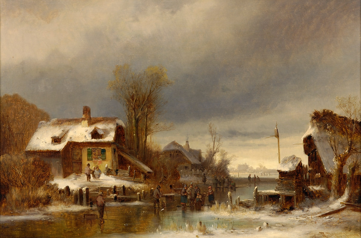 Winter River Landscape with Bustle, vintage artwork by Anton Doll, 12x8" (A4) Poster