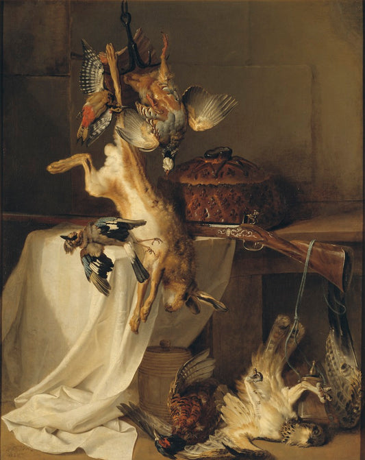 Still Life with a Rifle, Hare and Bird, vintage artwork by Jean-Baptiste Oudry, 12x8" (A4) Poster