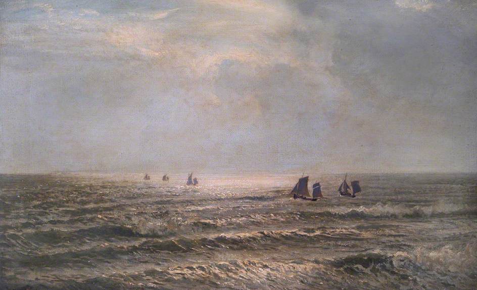 Weather Moderating;  Fishing Boats Going Out, vintage artwork by Henry Moore, 12x8" (A4) Poster