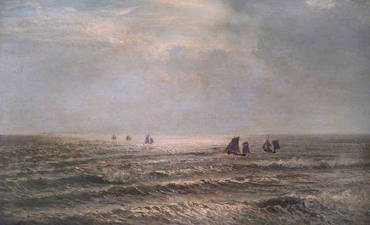 Weather Moderating;  Fishing Boats Going Out, vintage artwork by Henry Moore, 12x8" (A4) Poster