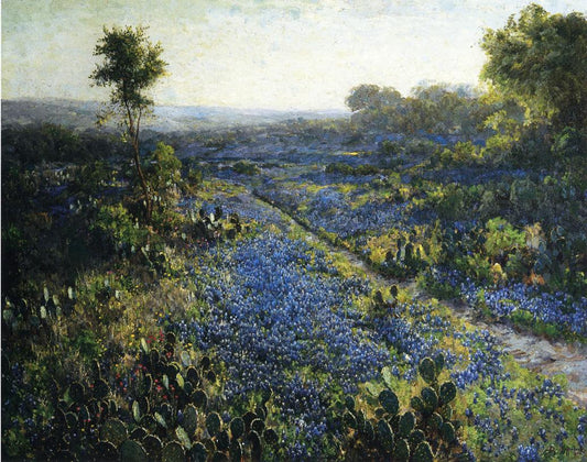 Field of Texas Bluebonnets and Prickly Pear Cacti, vintage artwork by Julian Onderdonk, 12x8" (A4) Poster