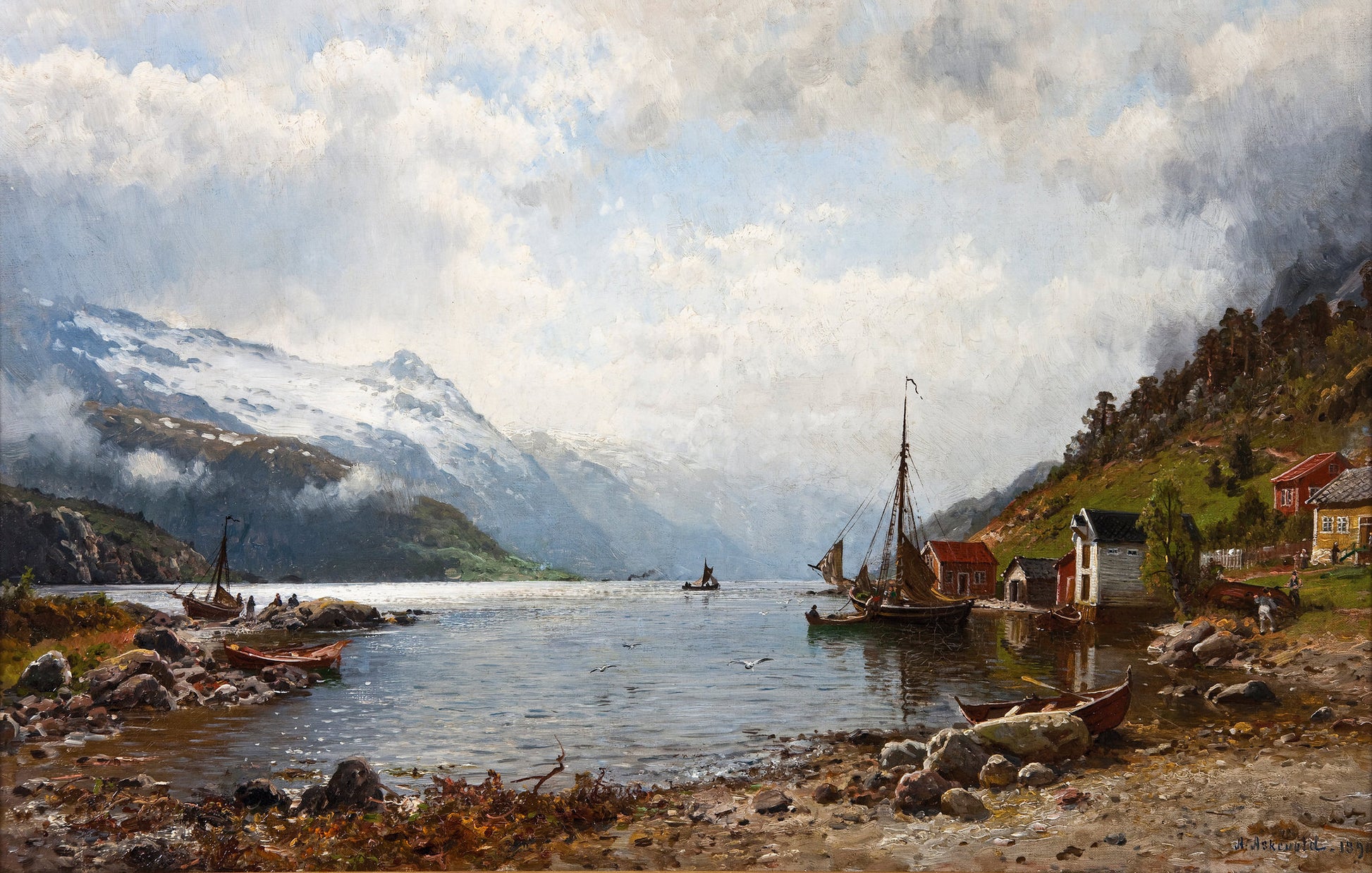 The sun breaks through the clouds, Hardanger Fjord, vintage artwork by Anders Monsen Askevold, 12x8" (A4) Poster