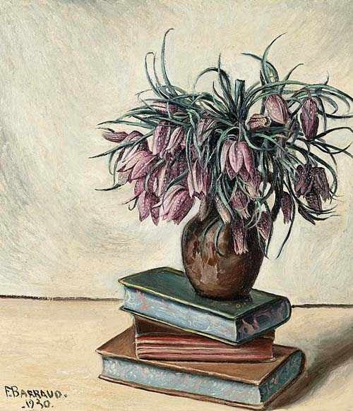 Still Life with Flowers and Books, vintage artwork by François-Emile Barraud, 12x8" (A4) Poster