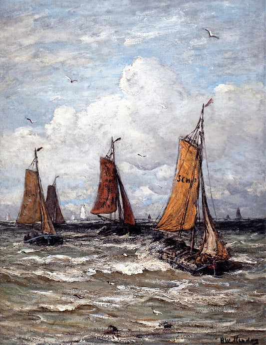 Bomschuiten Setting out Off Scheveningen, vintage artwork by Hendrik Willem Mesdag, 12x8" (A4) Poster