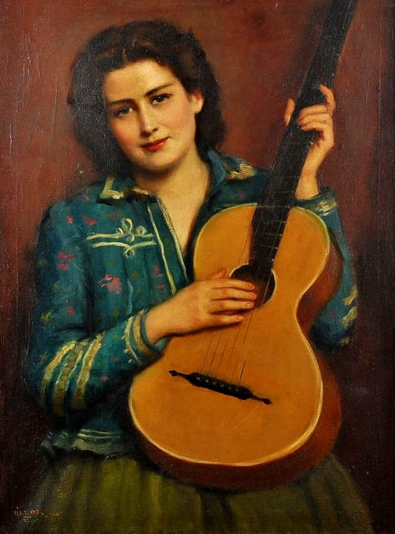 Portrait of a woman with a guitar by Janos Laszlo Aldor,16x12(A3) Poster