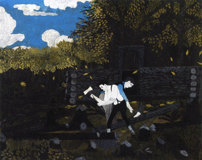 Abraham Lincoln and His Father Building Their Cabin on Pigeon Creek, vintage artwork by Horace Pippin, 12x8