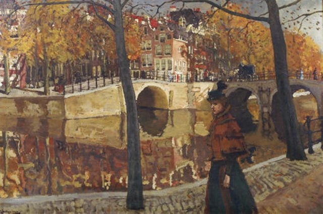 An Elegant Lady Strolling along a Canal in Amsterdam, vintage artwork by George Hendrik Breitner, 12x8" (A4) Poster