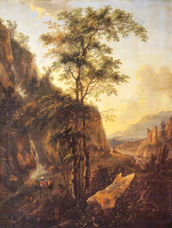 A Mountainous Italian Landscape with Travellers on a Road, vintage artwork by Nicolaes Berchem, 12x8" (A4) Poster