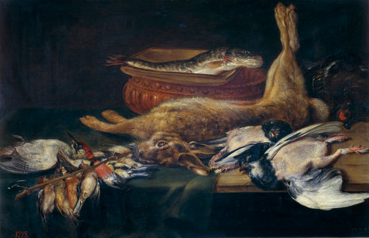 Still-life with Hare, Dead Birds and Fish, vintage artwork by Alexander Adriaenssen, 12x8" (A4) Poster
