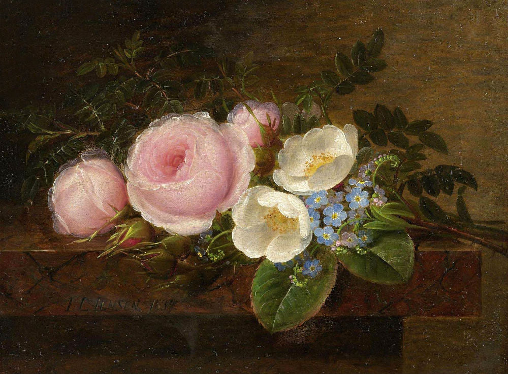 Flower still life with roses and forget-me-nots, vintage artwork by Johan Laurentz (J.L.) Jensen, A3 (16x12") Poster Print
