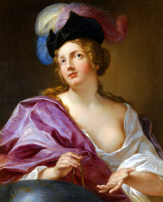 A Female Astronomer, with a Globe and a Pair of Compasses, vintage artwork by Jacques Courtin, 12x8" (A4) Poster