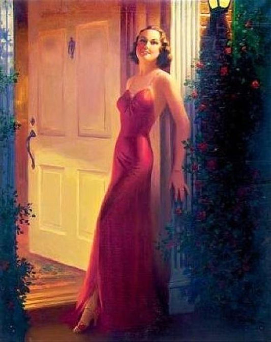 Woman In Red Gown Standing At The Door, vintage artwork by Edward Mason Eggleston, 12x8" (A4) Poster