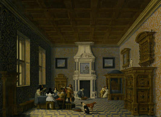 A Palace Interior with Cavaliers Cavorting with Nuns, vintage artwork by Dirck van Delen, 12x8" (A4) Poster