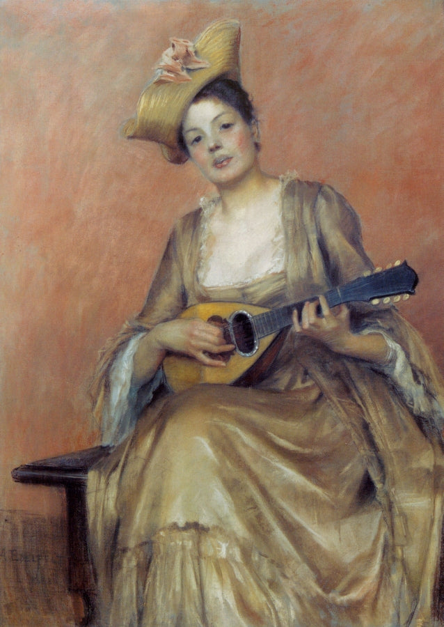 Portrait of a woman with mandolin, vintage artwork by Albert Edelfelt, 12x8" (A4) Poster