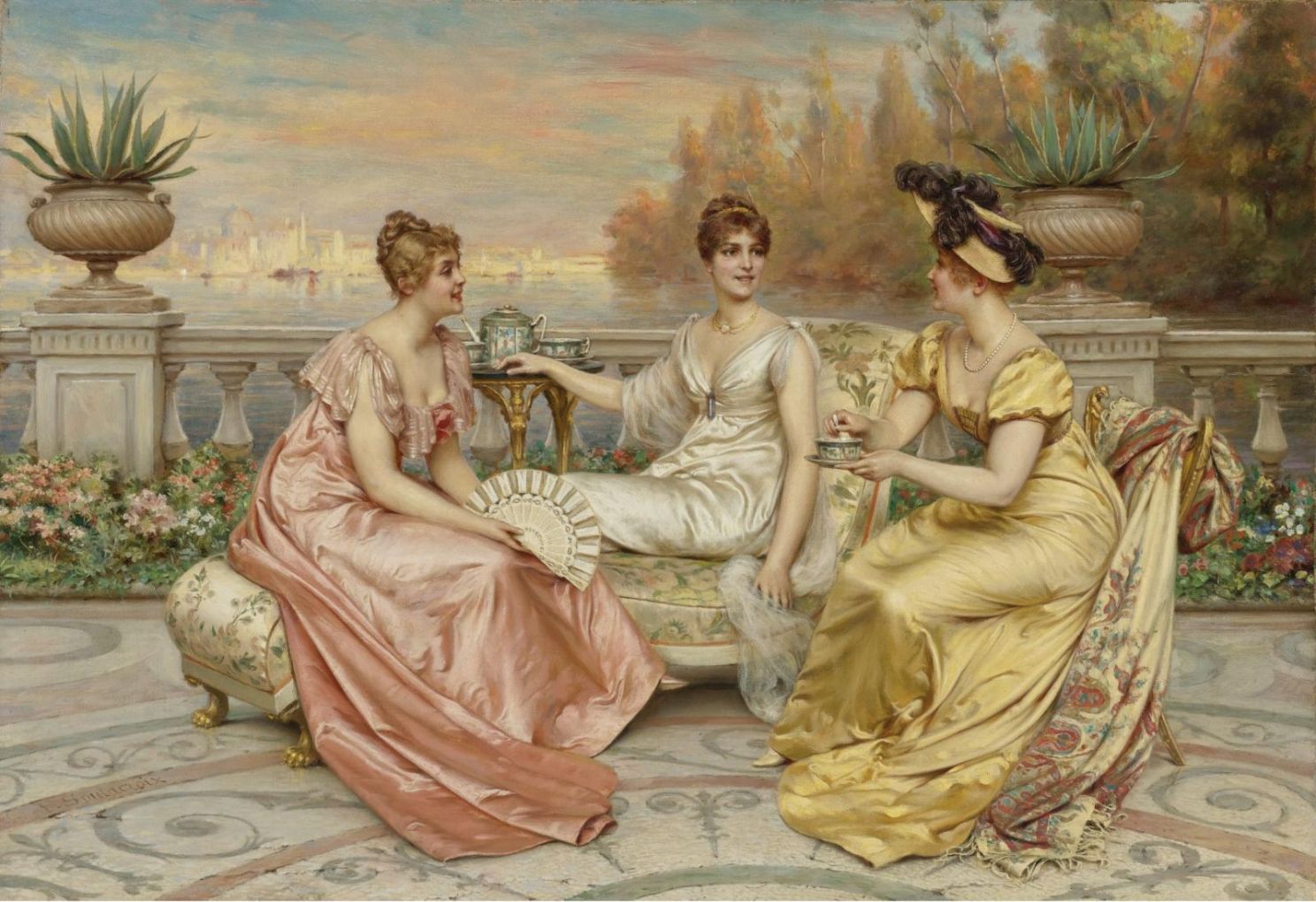 Tea on a Terrace, vintage artwork by Charles Joseph Frederick Soulacroix, 12x8" (A4) Poster