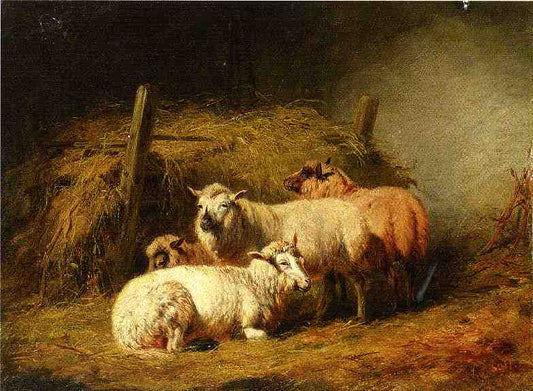 Sheep in Shed, vintage artwork by Arthur Fitzwilliam Tait, A3 (16x12") Poster Print