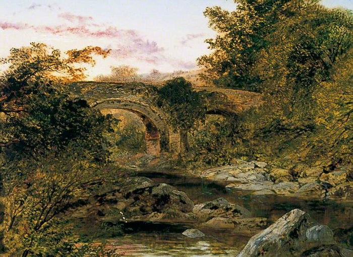 Holne Bridge on the Dart, Devon, vintage artwork by Henry Moore, 12x8