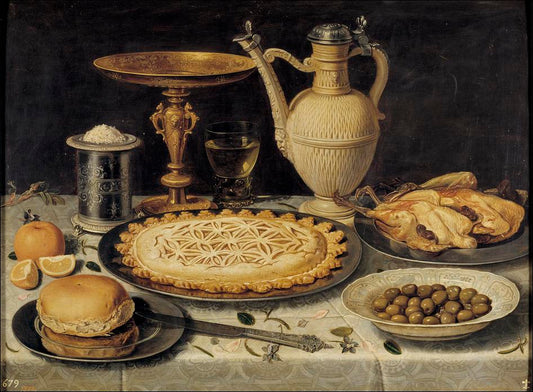 Still life with cake and olives, vintage artwork by Clara Peeters, 12x8" (A4) Poster