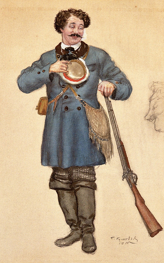 Costume design for Alexander Ostrovsky's play 'Wolves and Sheep': Apollon Viktorovich Murzavetsky, vintage artwork by Boris Mikhailovich Kustodiev, 12x8" (A4) Poster