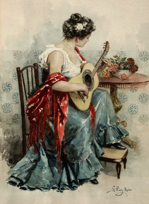 Tocando la guitarra, vintage artwork by Gabriel Puig Roda, 12x8" (A4) Poster