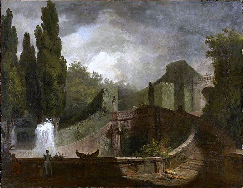 The Grand Staircase of the Villa d'Este at Tivoli, vintage artwork by Jean-Honore Fragonard, 12x8" (A4) Poster