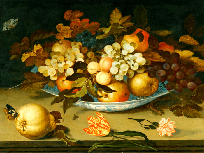 A Still Life with a Delft Bowl Containing Fruits, vintage artwork by Balthasar van der Ast, 12x8